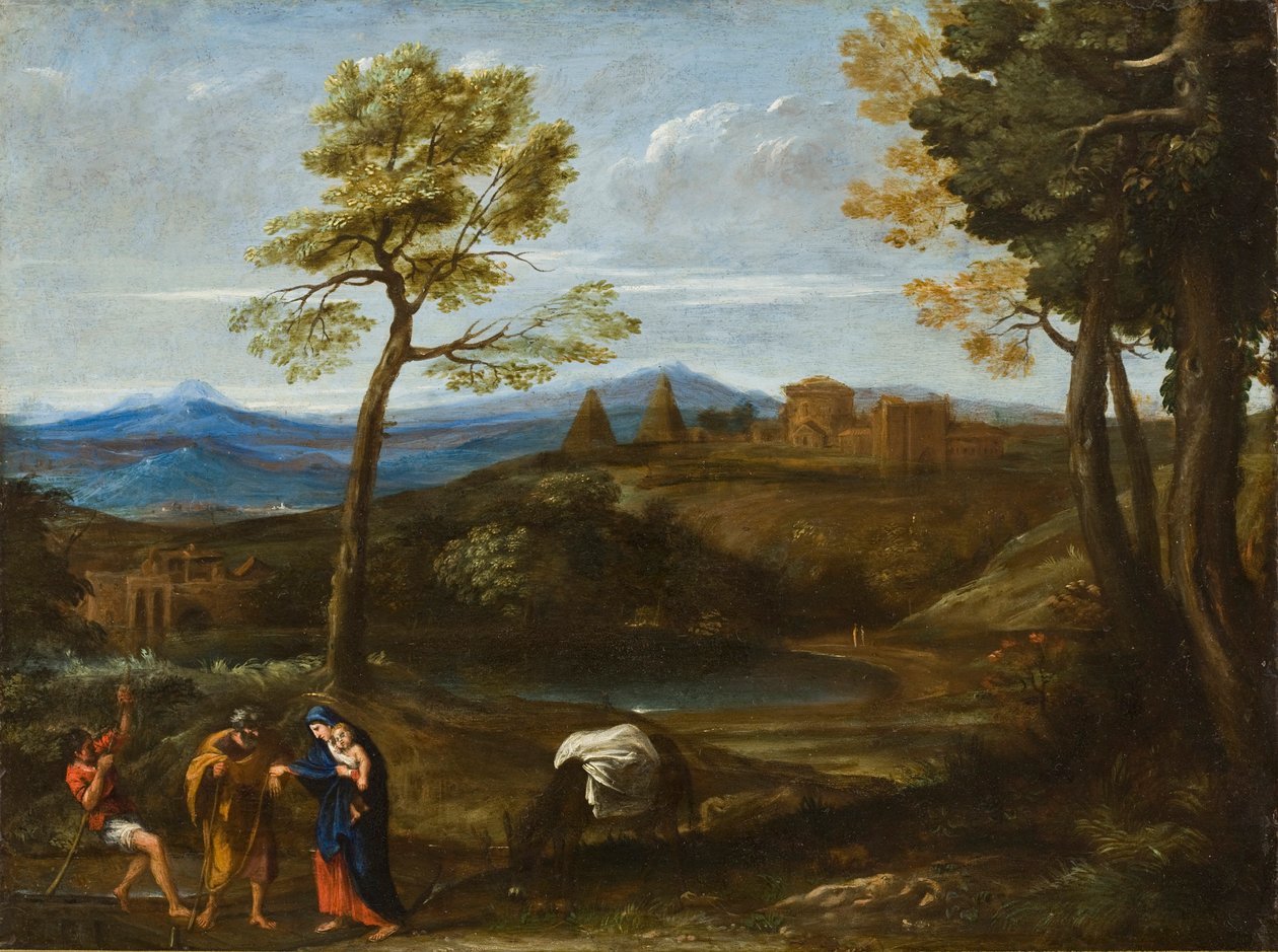 منظر طبيعي مع الرحلة إلى مصر ، c.1605 (زيت على النحاس) بواسطة دومينيكينو