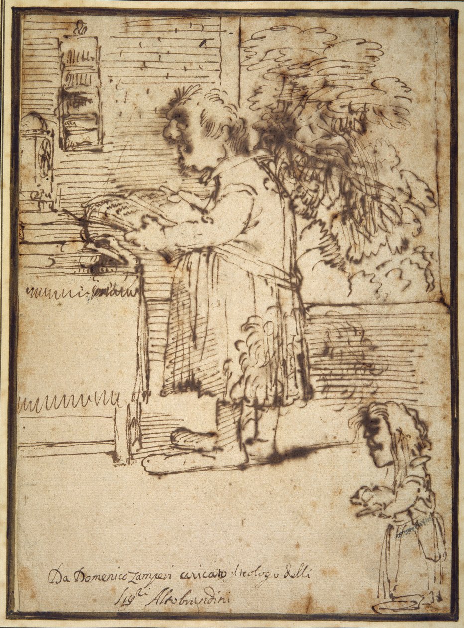 Caricature of the Aldobrandini theologian, with a female dwarf holding her dog (pen & ink on paper) بواسطة دومينيكينو