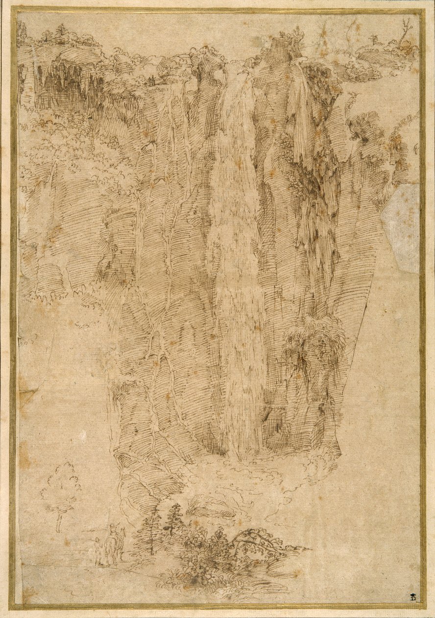 Landscape with a cascade; at the foot, two men, one mounted (pen & brown ink on paper) بواسطة دومينيكينو