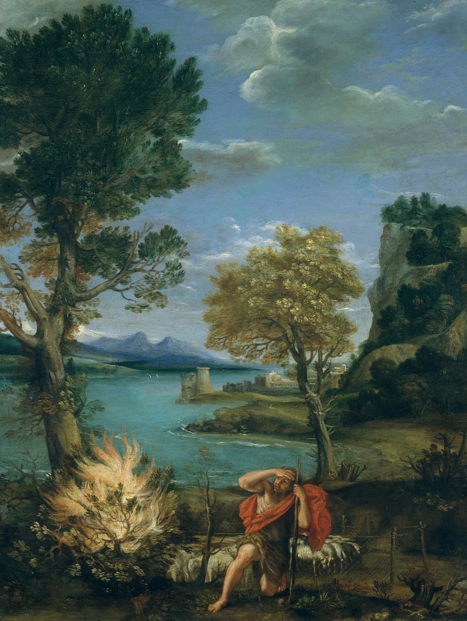 منظر طبيعي مع موسى وحرق بوش ، 1610-16. بواسطة دومينيكينو
