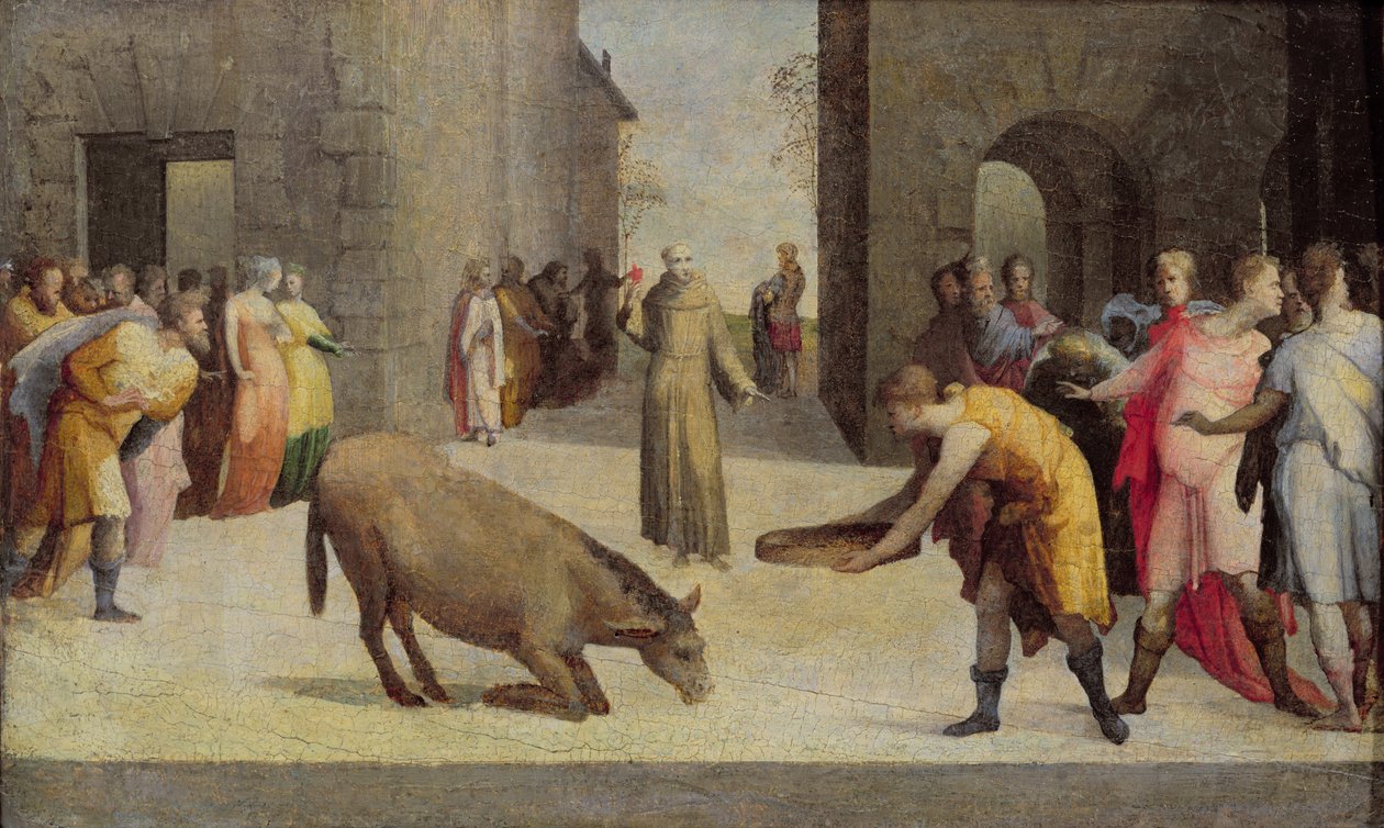 القديس أنتوني بادوا ومعجزة الحمار ، 1537 بواسطة Domenico di Pace Beccafumi