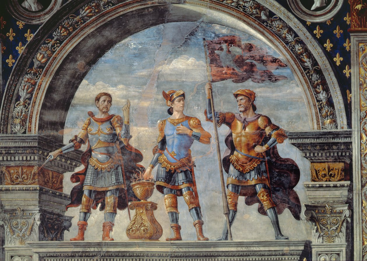 بروتوس ، Mucius Scaevola و Furio Camillo ، التفاصيل من اللوحة الجدارية في Sala dei Gigli ، c.1470 بواسطة دومينيكو غيرلاندايو