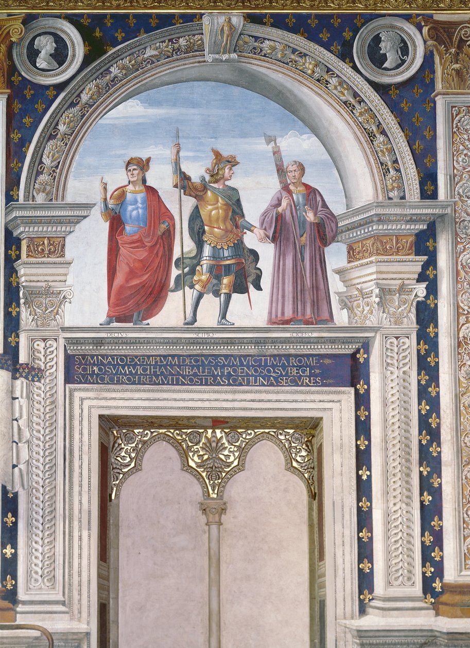 Decio Mure، Scipio (c.235-183 قبل الميلاد) و Cicero (106-43 قبل الميلاد) التفاصيل من اللوحة الجدارية في سالا دي جيجلي ، c.1470 بواسطة دومينيكو غيرلاندايو
