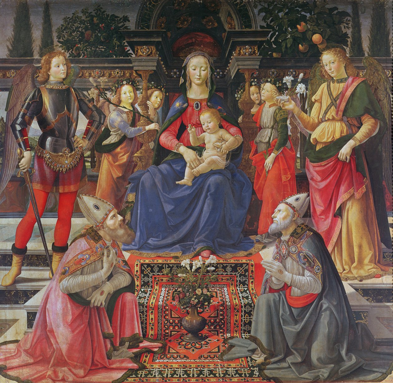 مادونا والطفل مع SS. Justus ، Zenobius and the Archangels Michael and Raphael ، c.1484 (تمبرا على اللوحة) بواسطة دومينيكو غيرلاندايو