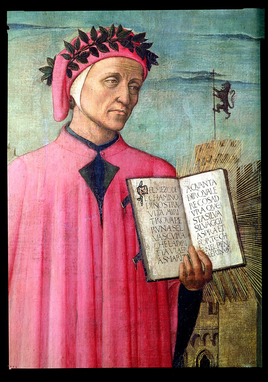 قراءة دانتي من الكوميديا الإلهية ، تفاصيل دانتي أليغييري 1265-1321 ، تفاصيل لوحة 1465 من 42355 بواسطة دومينيكو دي ميشلينو