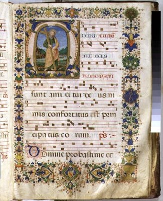 Ms 540 f.3r Page مع الحرف الأول المؤرخ بـ "M" الذي يصور القديس أندرو ، من كتاب جوقة من سان ماركو إي سيناكولي (ورق) بواسطة دومينيكو غيرلاندايو