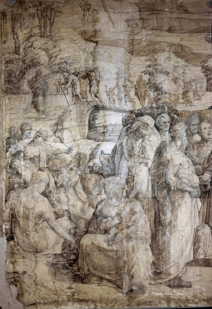 تاريخ موسى على جبل سيناء: العبرانيون ينتظرون عودة موسى. رسم تحضيري لرصيف كاتدرائية سيينا. لوحة لدومينيكو بيكافومي (1486-1551). إيطاليا ، سيينا ، البيناكوتيك الوطنية. (سيينا ، بيناكوتيكا ناسيونالي) بواسطة دومينيكو بيكافومي