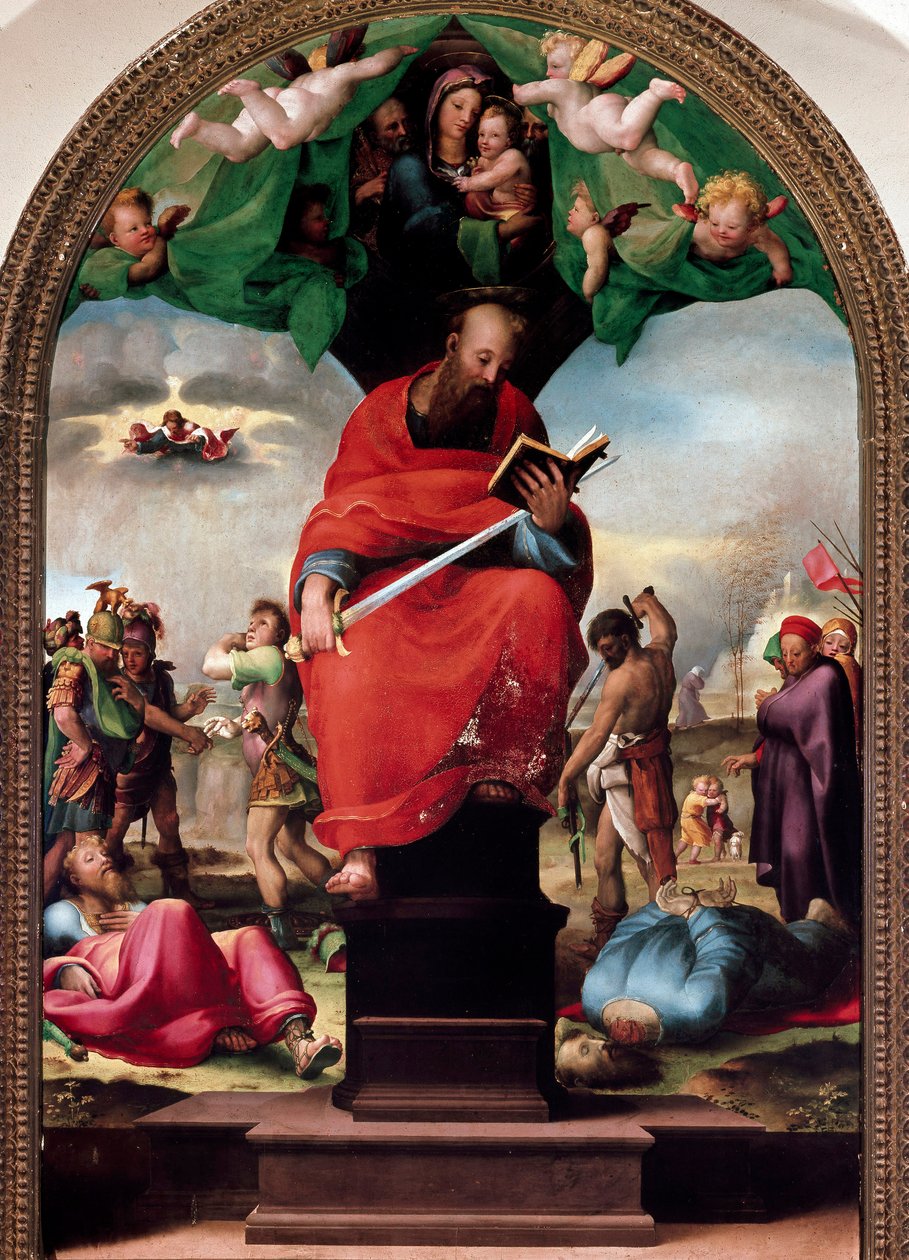 تمثيل القديس بولس على العرش رسم دومينيكو بيكافومي (1486-1551) 1515 تقريبًا. الشمس. 2،3 × 1،5 م سيينا ، متحف ديلوبيرا ميتروبوليتانا - القديس بولس ، متوجًا ، جالسًا على قاعدة ، ممسكًا بالسيف والكتاب ، تحت العذراء والطفل ج بواسطة دومينيكو بيكافومي