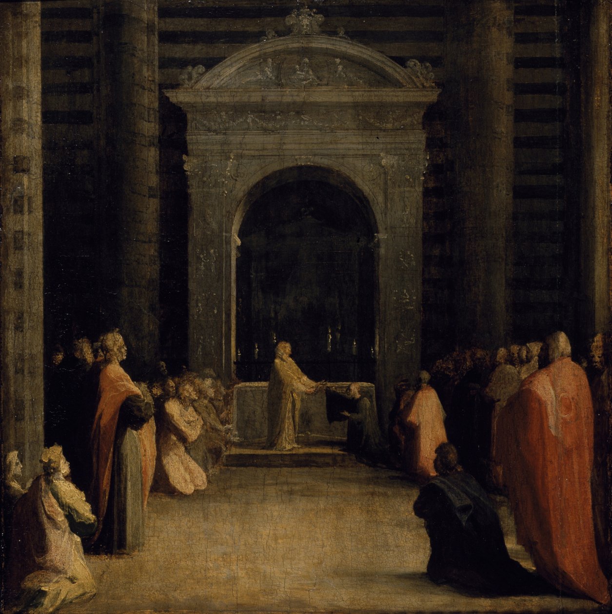 The Offering of the Keys of the City of Siena to the Virgin, on or after 1526 (oil on paper on wood panel) بواسطة دومينيكو بيكافومي