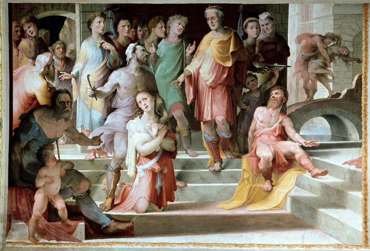تضحية Seleucos de Locres (Seleucus de Locride) Seleucos لتعمي ابنه ، من أجل معاقبته على جريمة اغتصاب ارتكبها ، قبل أن يموت إحدى عينيه. فريسكو دومينيكو دي جياكومو دي بيس دي بيكافومي (1486-1551) 1529-1535 سيينا ، بالا بواسطة دومينيكو بيكافومي