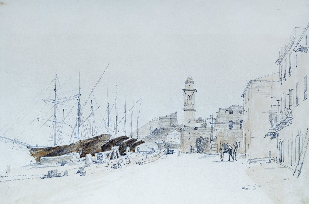 منظر للأسلحة في تاجيا ، حوالي عام 1860 ، بقلم باسكوال دومينيكو كامبياسو (1811-1894) ، قلم رصاص وألوان مائية في إيطاليا. بواسطة دومينيكو كامبياسو