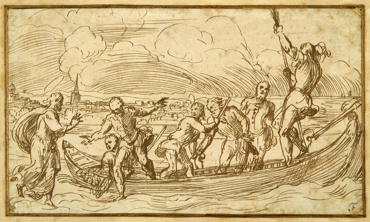 Christ and St Peter walking on the water (pen & brown ink on paper) بواسطة دومينيكو كامبانيولا