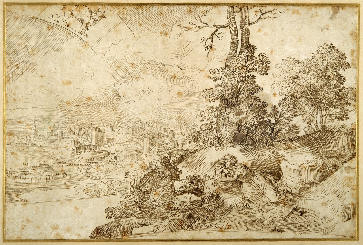 Landscape with Astrology (pen & brown ink on paper) بواسطة دومينيكو كامبانيولا