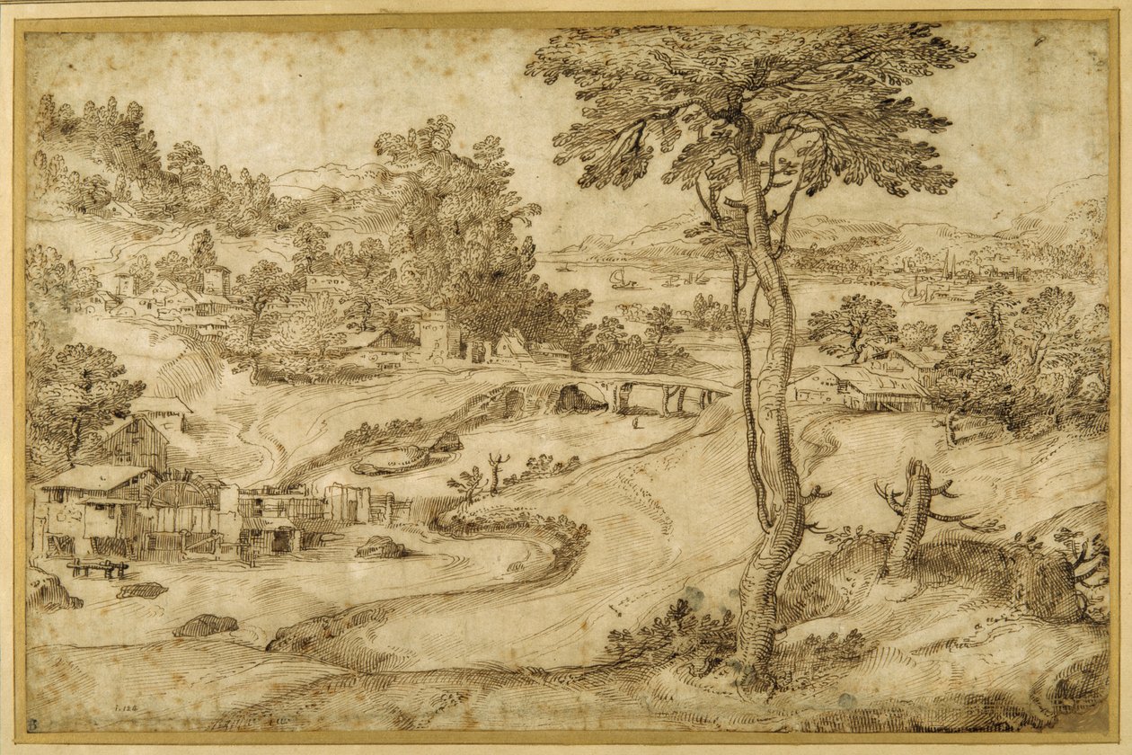 Landscape with a winding river (pen & brown ink on white paper) بواسطة دومينيكو كامبانيولا