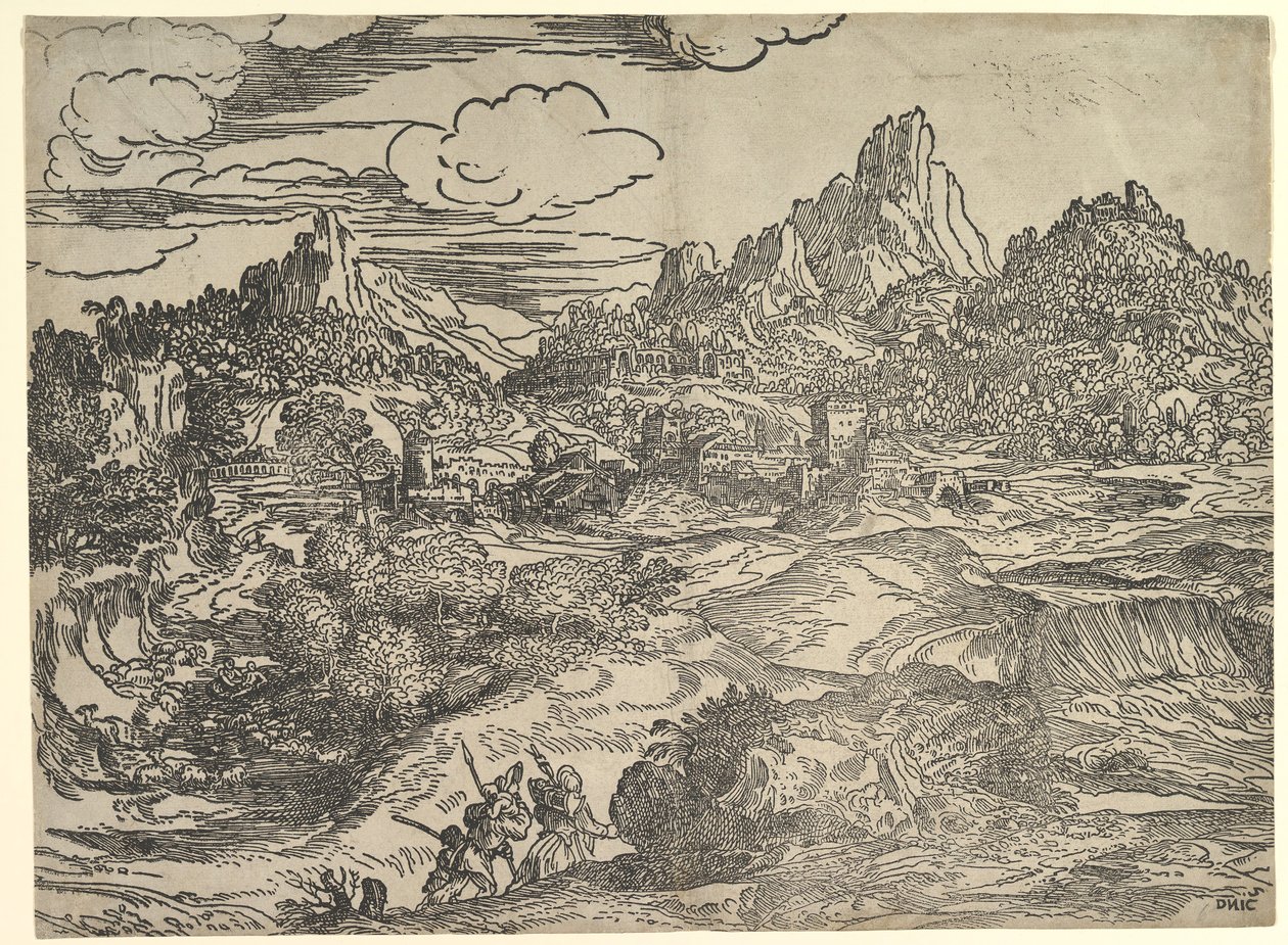 منظر طبيعي مع العائلة تمشي معًا في المقدمة ، على اليسار رقمين مع ... ، كاليفورنيا. 1535-40. بواسطة دومينيكو كامبانيولا
