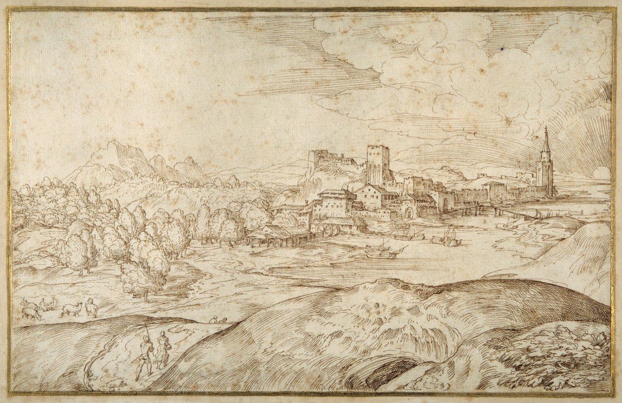 Mountainous landscape with a river, and a fortified town with a spired tower (pen & brown ink on white paper) بواسطة دومينيكو كامبانيولا