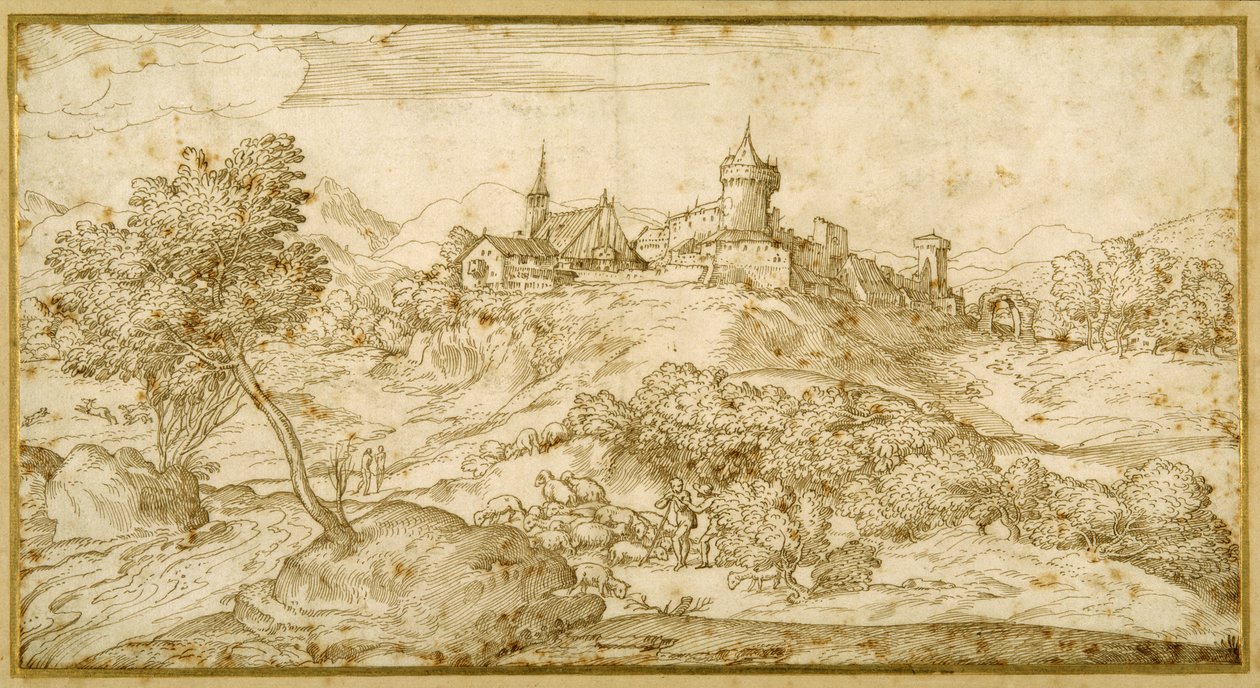 Mountainous landscape with a walled hill town: a shepherd accosted as he tends his flock in the foreground (pen & brown ink on paper) بواسطة دومينيكو كامبانيولا