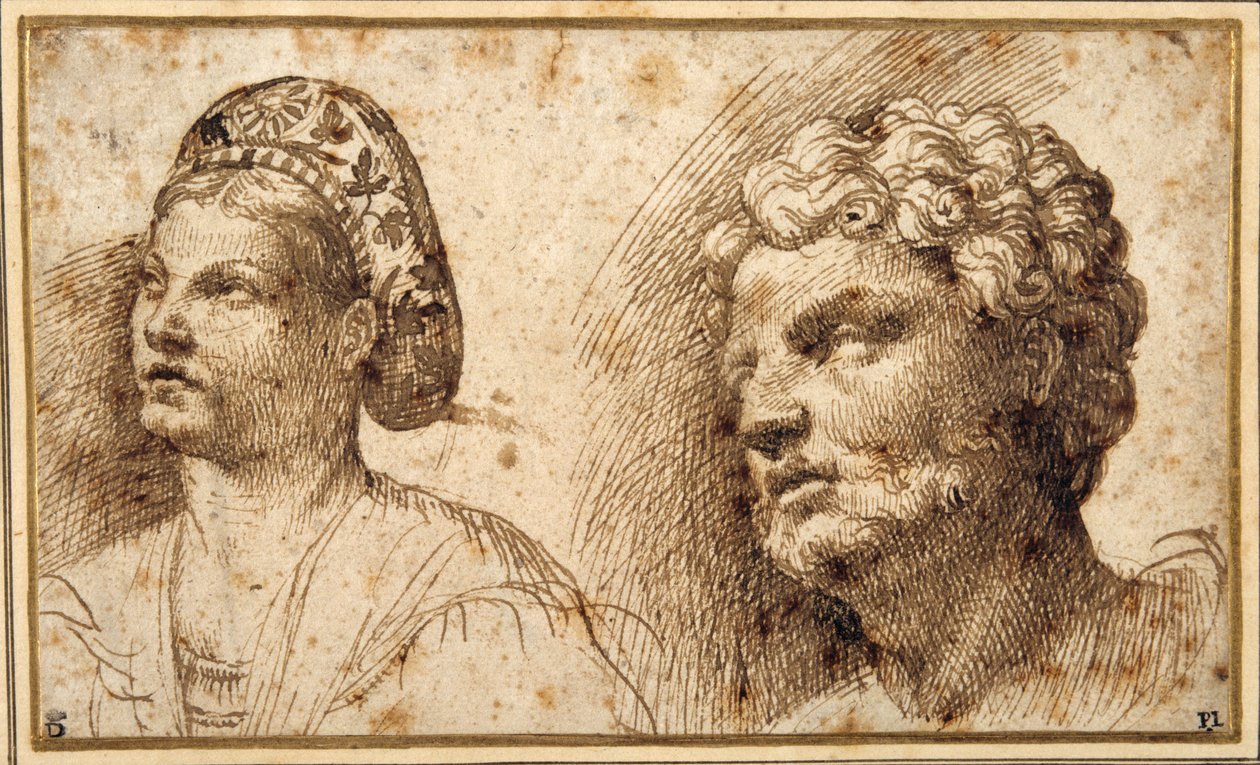 Study of the head and shoulders of a young woman wearing a balza, and of the head of a bearded man (pen & ink on paper) بواسطة دومينيكو كامبانيولا