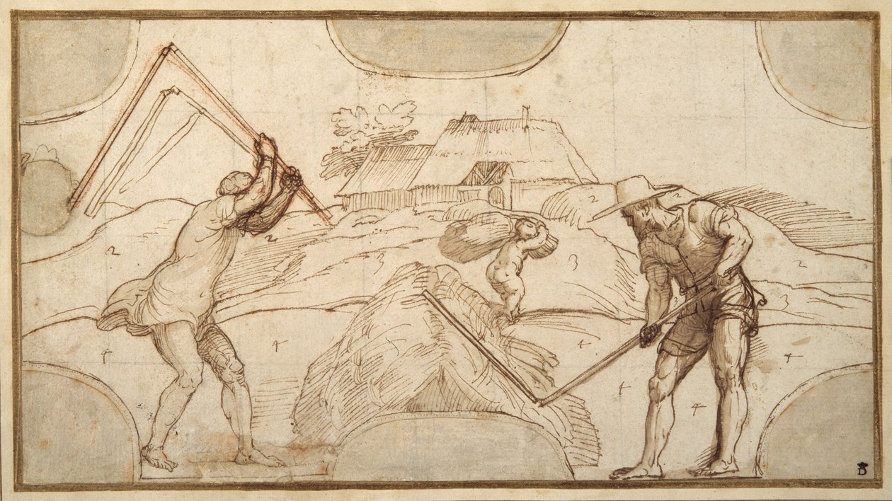 Two peasants threshing (pen & brown ink with brown wash on paper) بواسطة دومينيكو كامبانيولا