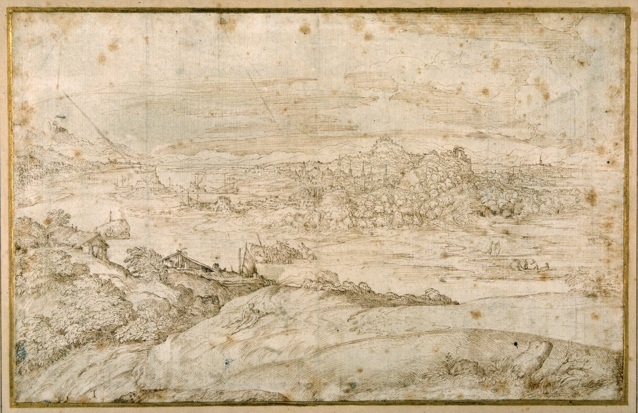 Wooded landscape with a winding river; in the distance a city, a mixture of spires and domes with antique ruins (pen & brown ink on white paper) بواسطة دومينيكو كامبانيولا