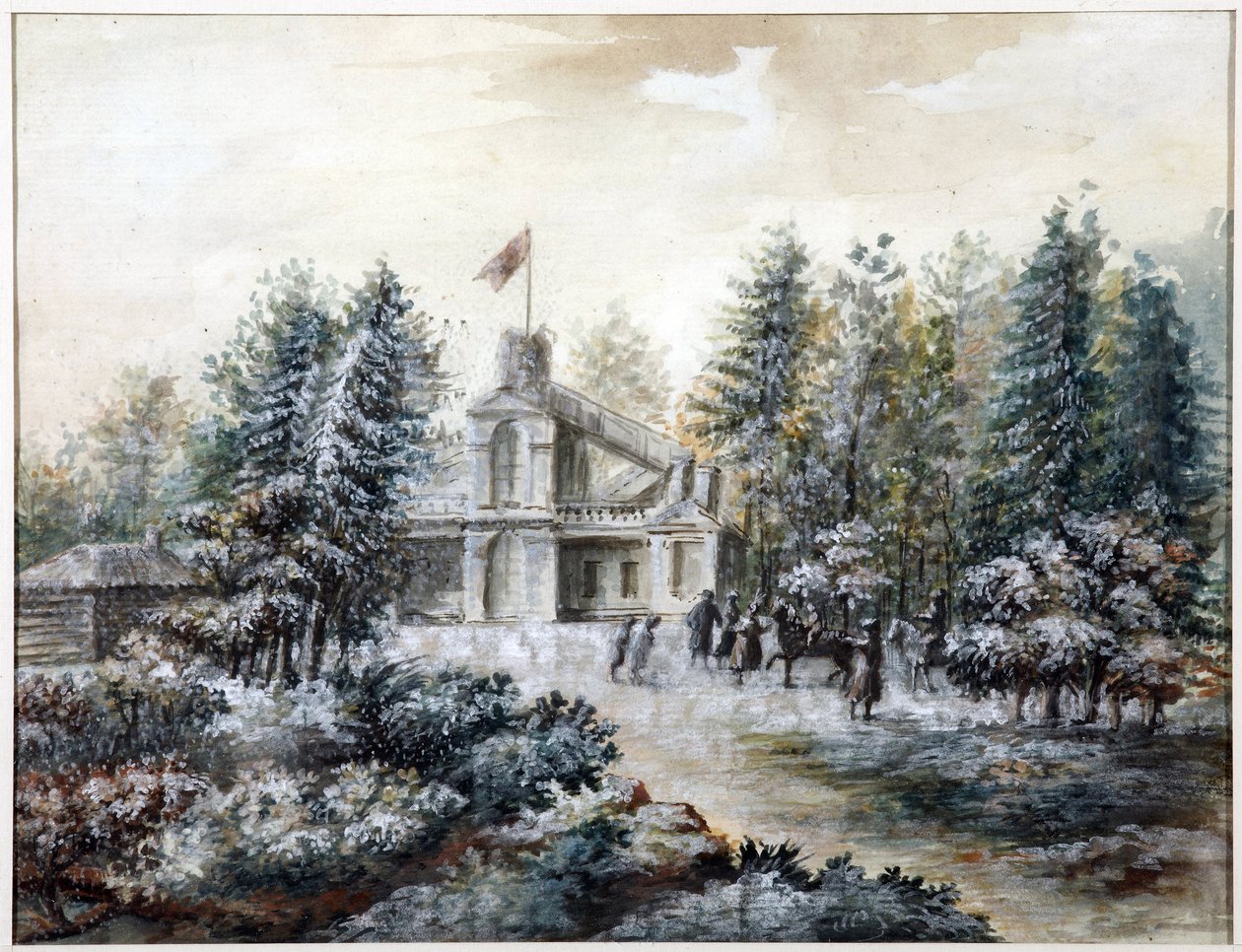 Pavillon de chasse Crack ، منزل Pavlovsk - Krak في Pavlovsk - Domenico Felice Lamoni (1745-1830). لوحة مائية ولون أبيض على ورق ، بعد عام 1778. متحف الدولة لتاريخ سانت بطرسبرغ بواسطة دومينيكو فيليس لاموني
