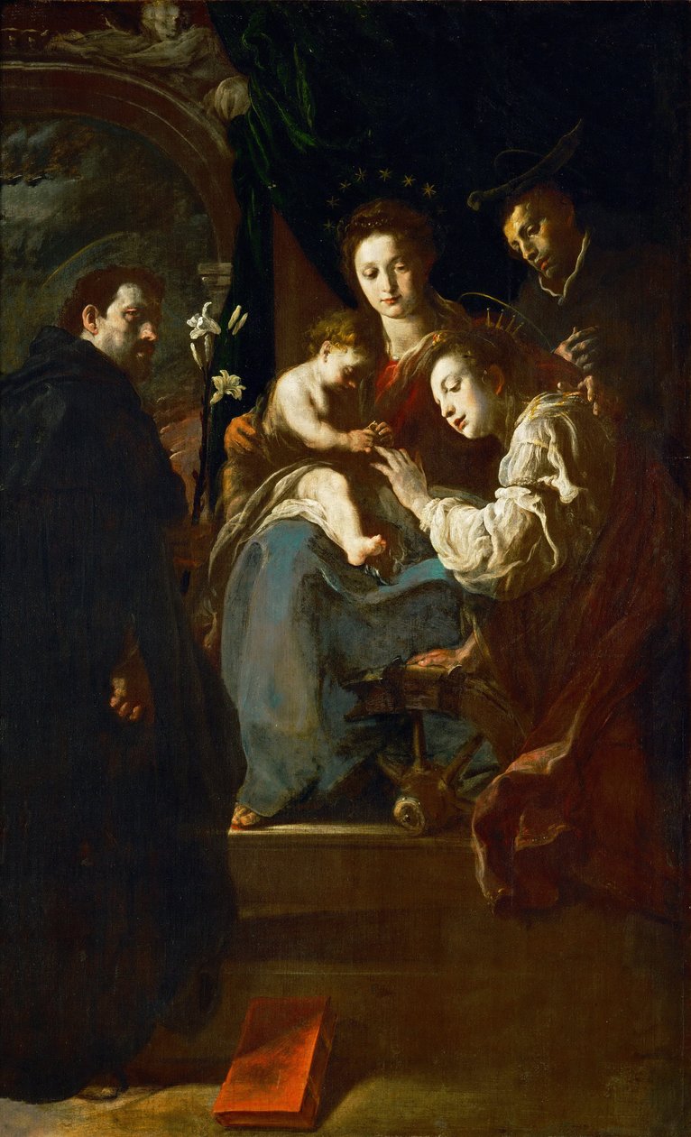 الباروك: Le mariage mystique de Sainte Catherine ، avec Saint Dominique et s Saint Pierre Martyr - الزواج الصوفي للقديسين Saint Catherine مع القديسين Dominic و Peter Martyr بواسطة Fetti ، Domenico (1588 / 90-1623) بواسطة دومينيكو فيتي أو فيتي