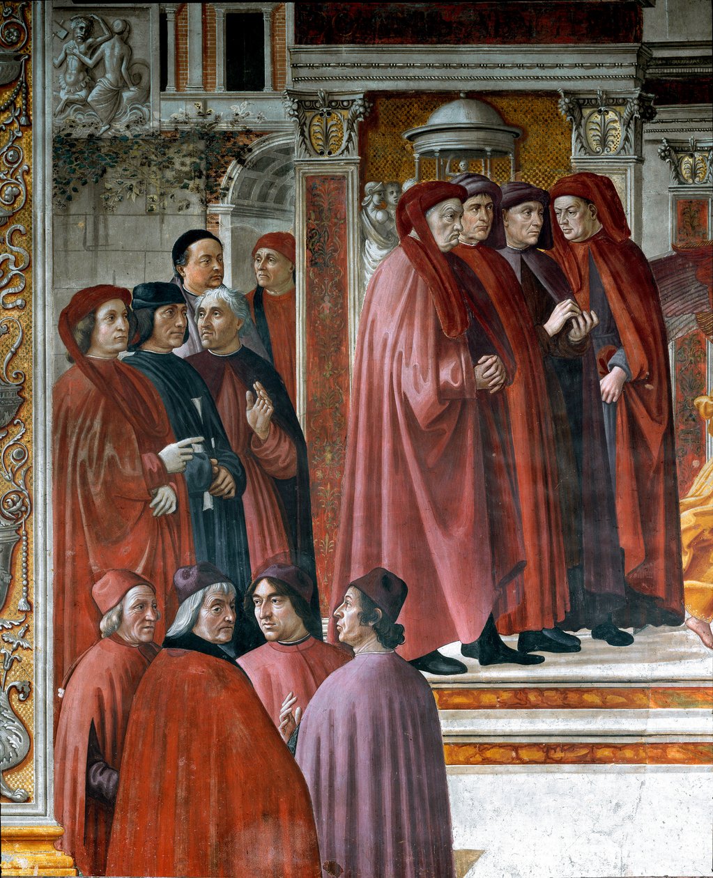 The announcement made in Zechariah (Zaccharia) Below left are thinkers and intellectuals Marsile Ficin (Ficino), Cristoforo Landino, Angelo Poliziano and Demetrios Chalkondyles (Calcondila). Detail. Fresco by Domenico di Tommaso Bigordi dit Ghirlandaio (14 بواسطة دومينيكو غيرلاندايو