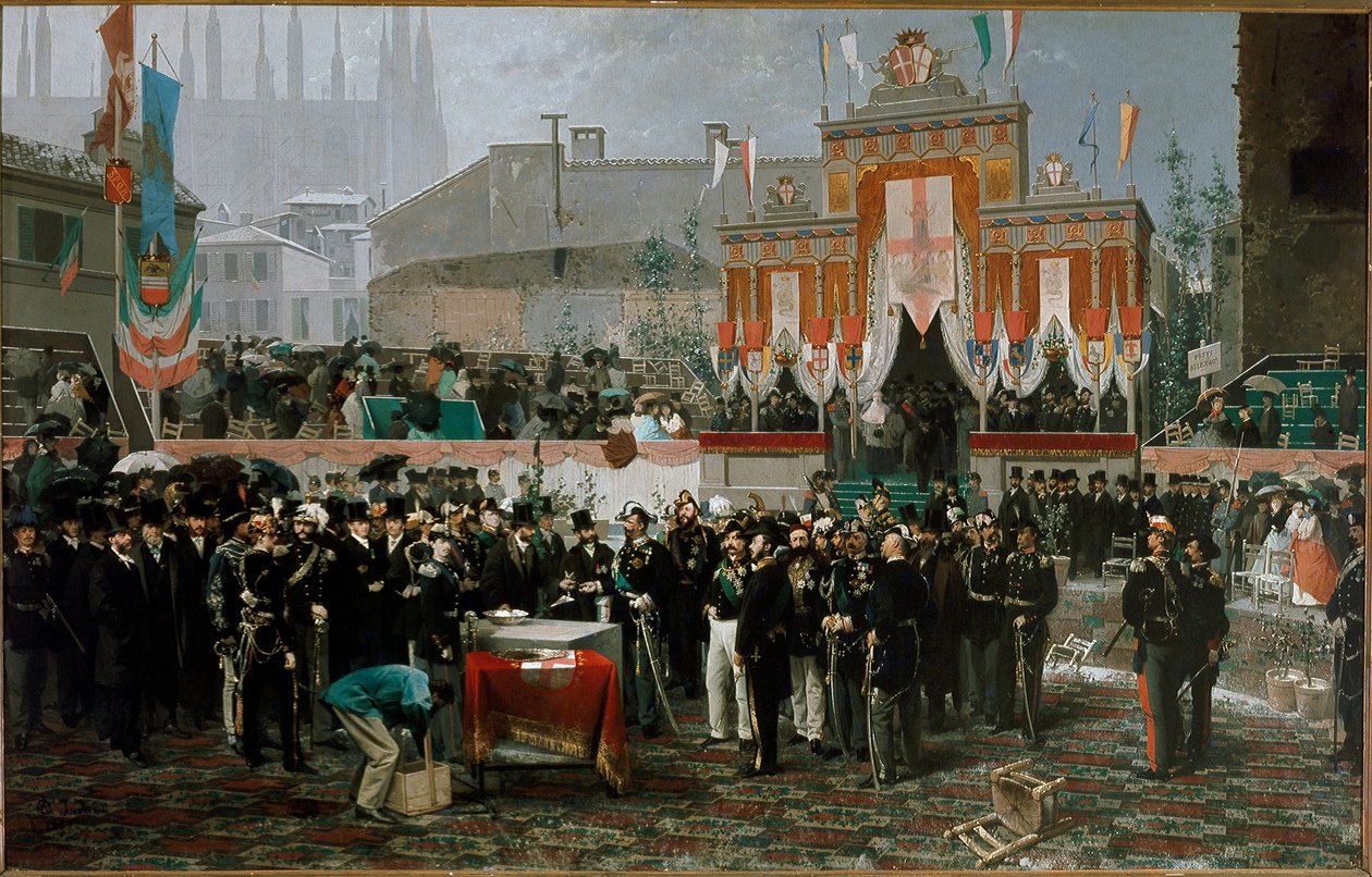 Ceremony for the cornerstone of Vittorio Emanuele II gallery on March 7th 1865 (oil on wood بواسطة دومينيكو إندونو