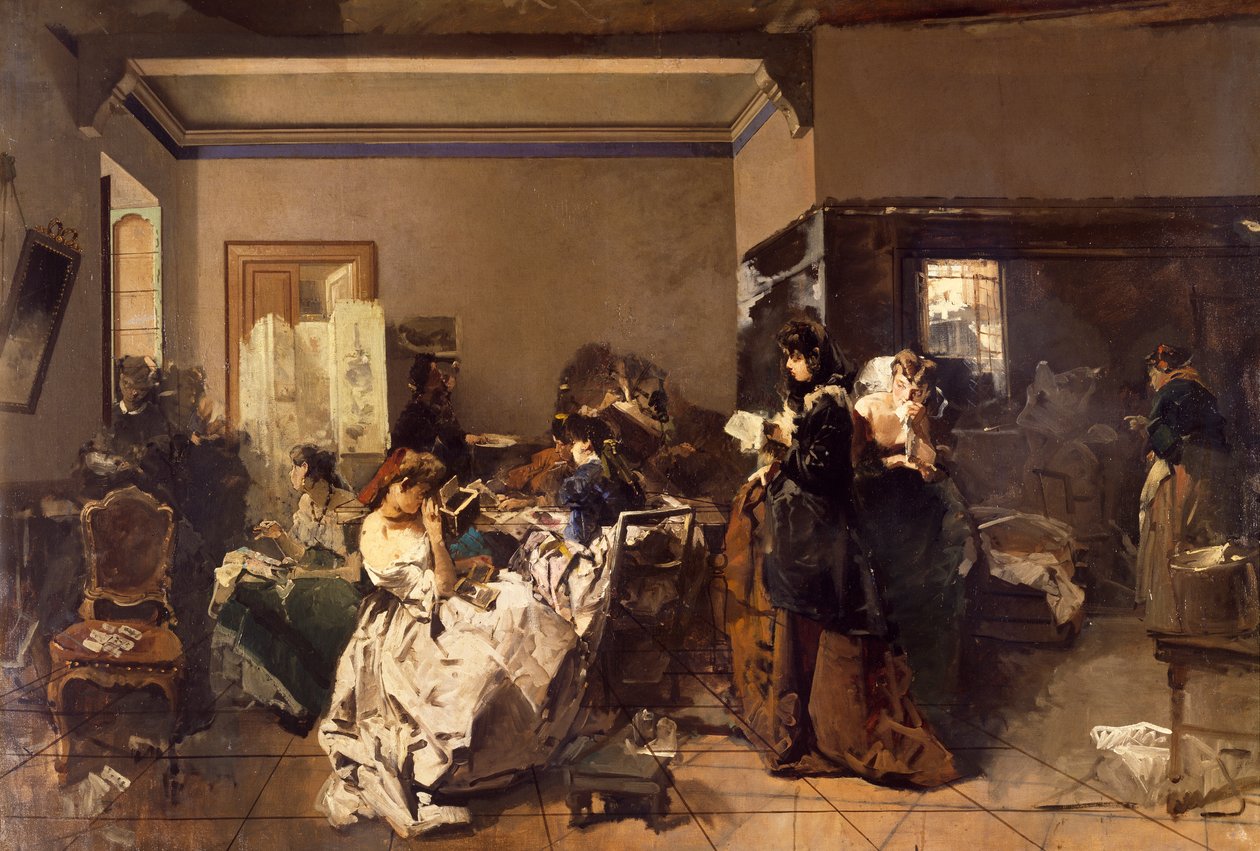 مدرسة للخياطات ، رسمها دومينيكو إندونو (1815-1878) ، زيت على قماش بواسطة دومينيكو إندونو