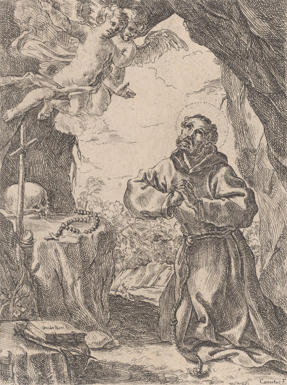 القديس فرنسيس الأسيزي ، راكعًا أمام الصليب مع ملاكين في أعلى اليسار ، 1643-1644. بواسطة دومينيكو ماريا كانوتي