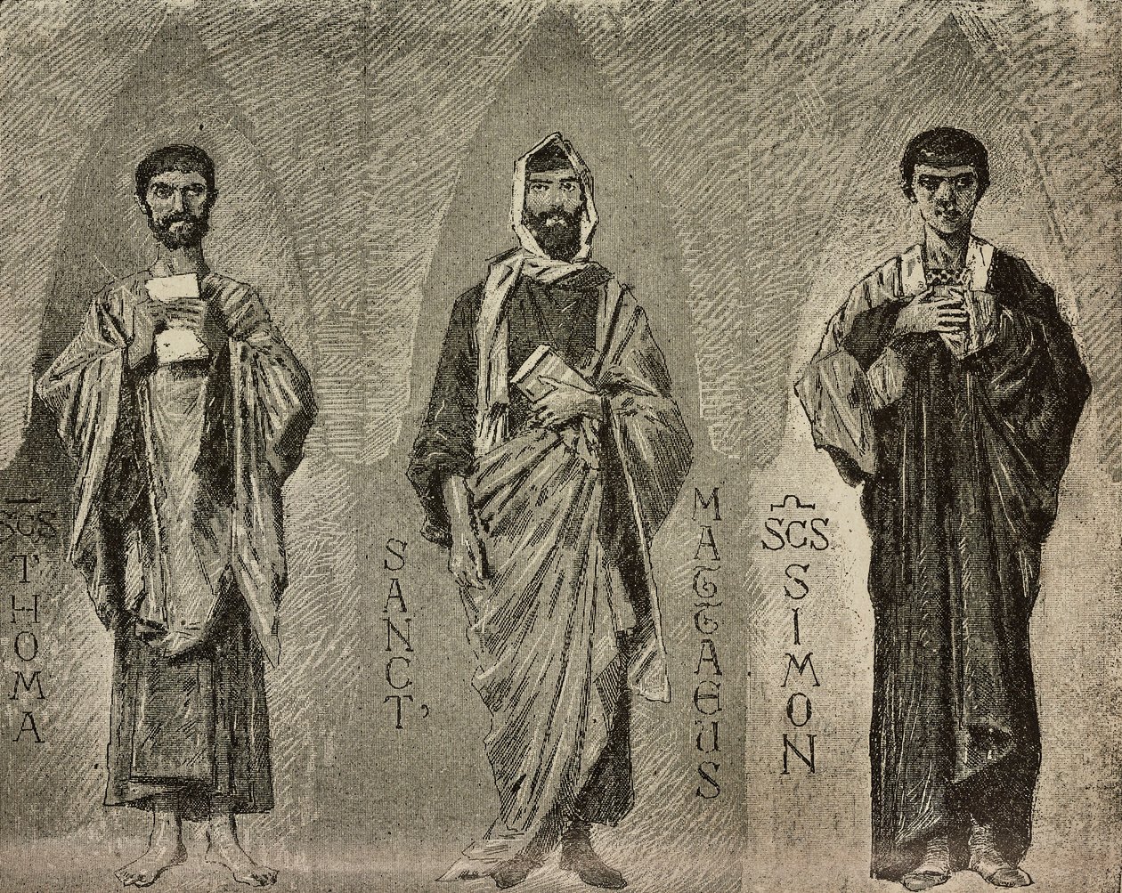 Saints Thomas, Mathew and Simon, cartoons by Domenico Morelli for mosaic in Amalfi cathedral, Italy, drawing by P Scoppetta, engraving from L