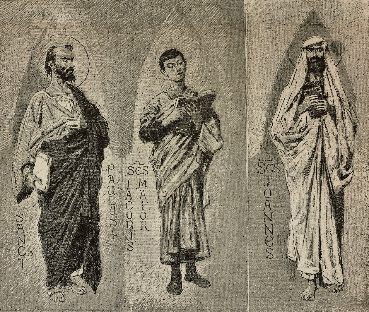 Sints Paul, James the Great and John, cartoons by Domenico Morelli for the mosaic of the Amalfi Cathedral, Italy, drawing by P Scoppetta, engraving from L