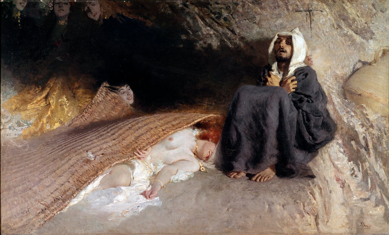 فتنة القديس أنطونيوس الناسك القديس أنطونيوس الكبير (251-356) تتعرض لإغراءات الشيطان في صورة فتيات في الصحراء. رسم دومينيكو موريلي (1826-1901) صن. 137x225 سم روما ، غاليريا من قبل Arte Moderna بواسطة دومينيكو موريلي
