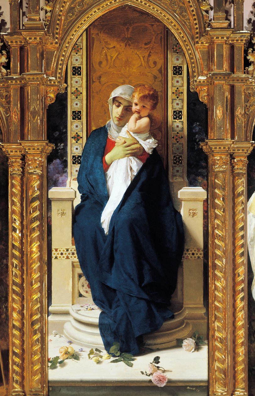 Tryptych of Madonna of Roses, by Domenico Morelli (1823-1901), Detail, Chapel of Saint Augustine, Castle of Corigliano Calabro, Calabria, Italy بواسطة دومينيكو موريلي