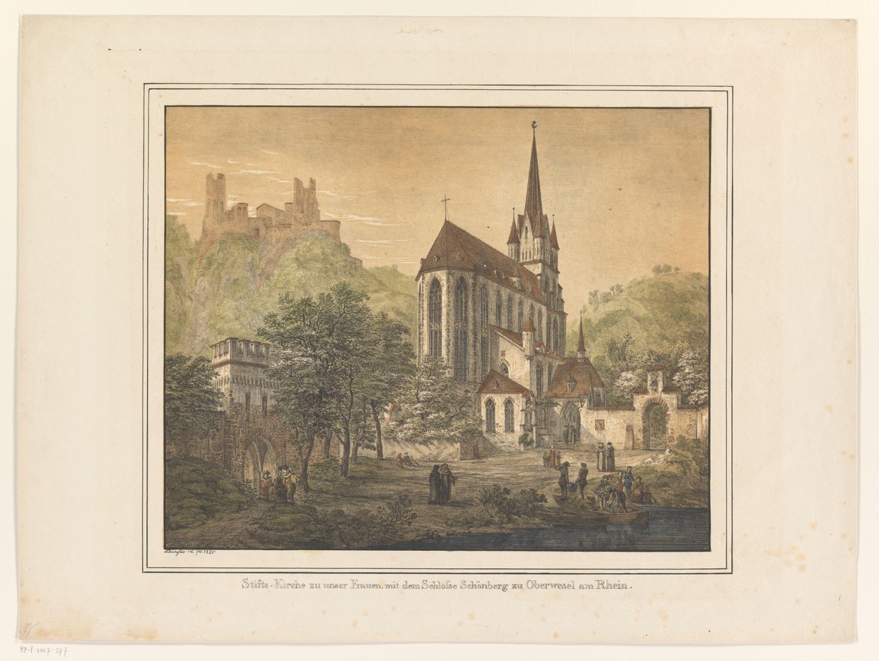 Gezicht op de Kerk en het kasteel te Oberwesel الكنيسة الجماعية للسيدة ، مع قلعة شونبيرج في Oberwesel am Rhein (العنوان على الجسم) بواسطة دومينيكو كواجليو (الثاني)