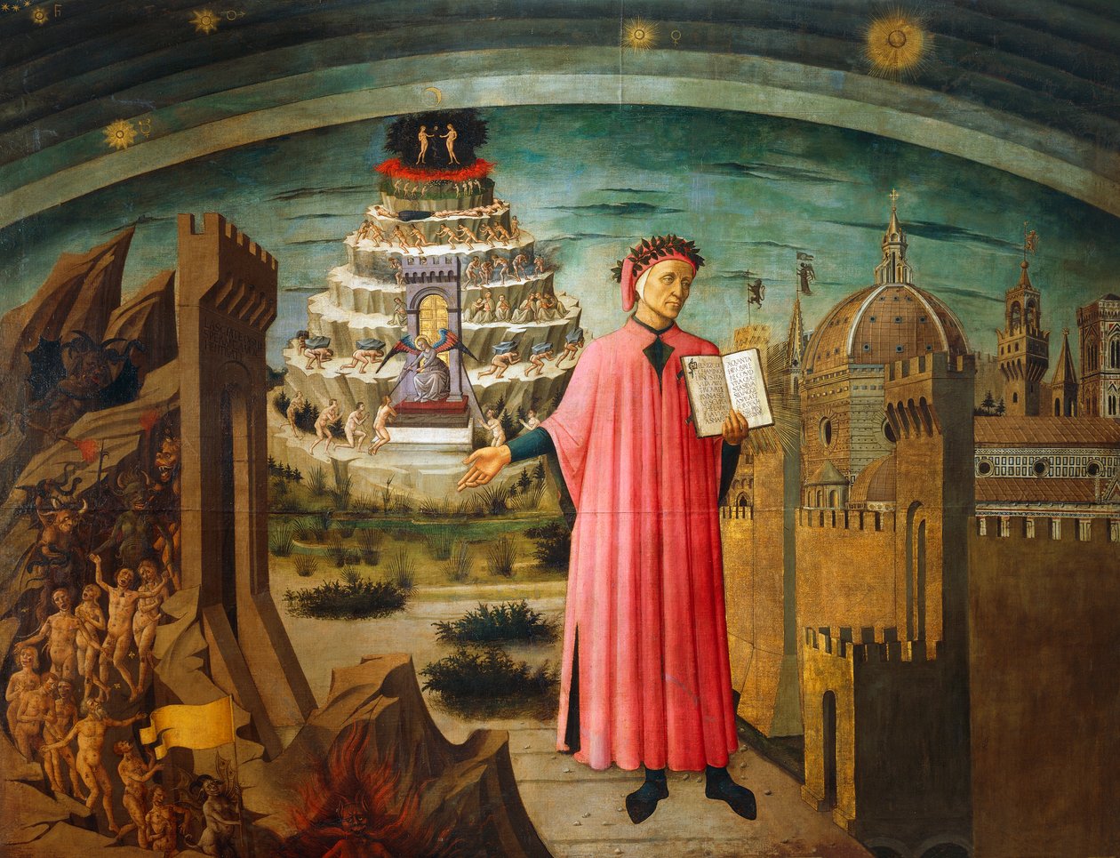الكوميديا الإلهية ، لدانتي أليغيري (1265-1321) ، لدومينيكو دي ميشيلنو (1417-1491) ، لوحة جدارية ، كنيسة القديسة مريم للزهور ، فلورنسا ، إيطاليا بواسطة دومينيكو دي ميشلينو