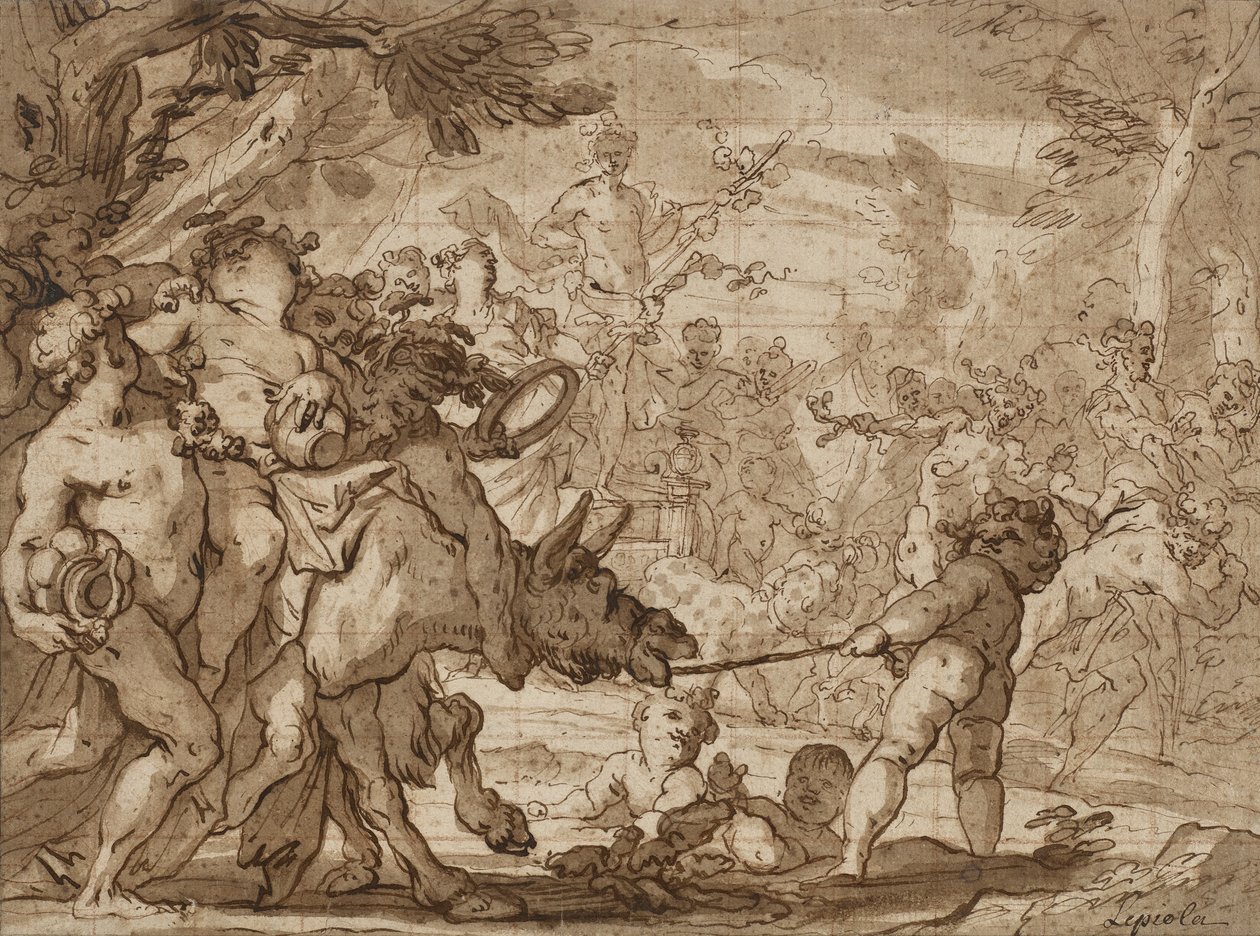 انتصار باخوس ، 1642-1703 (قلم وحبر بني ويغسل فوق الطباشير الأحمر على ورق مسدود) بواسطة دومينيكو الأكبر بيولا