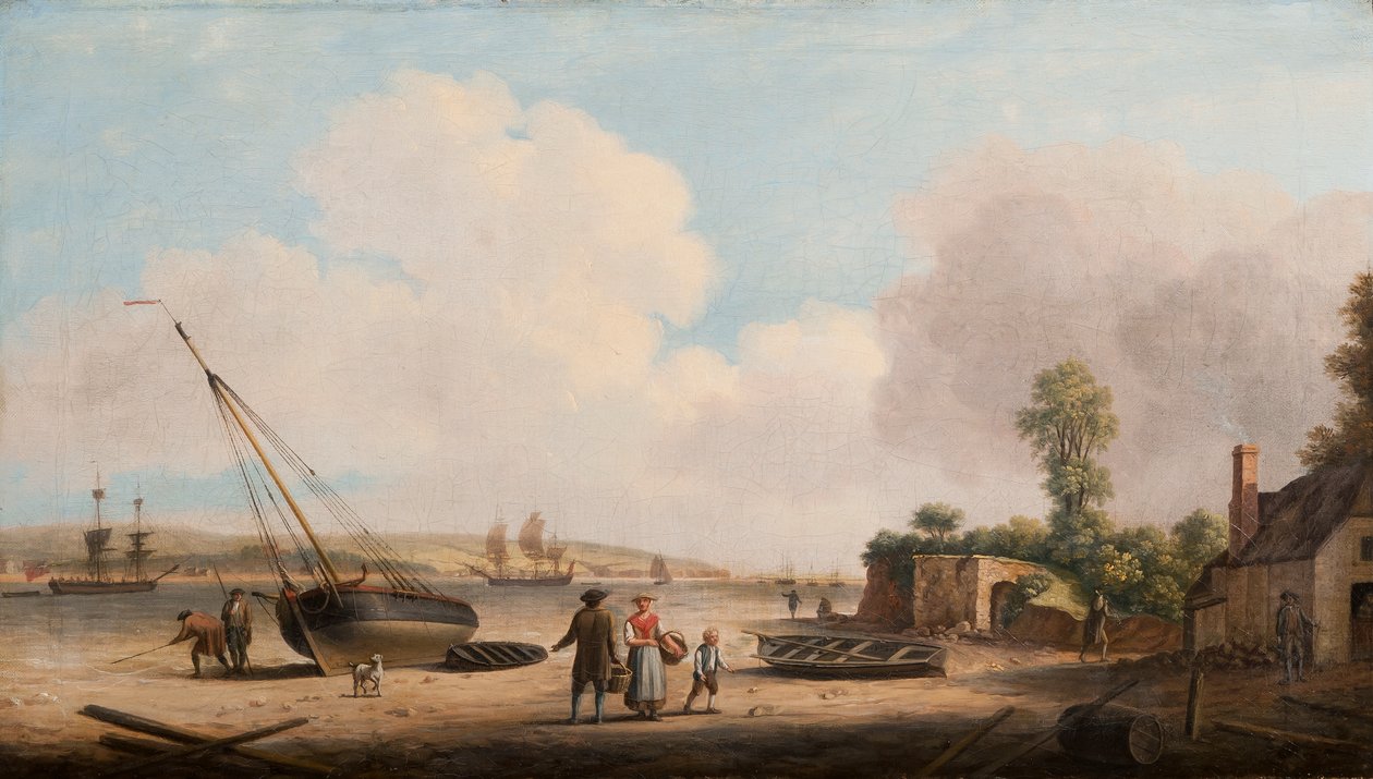 منظر لجرافسيند مع قارب صيد محصور وشحن في مصب النهر ، 1770 بواسطة دومينيك سيريس