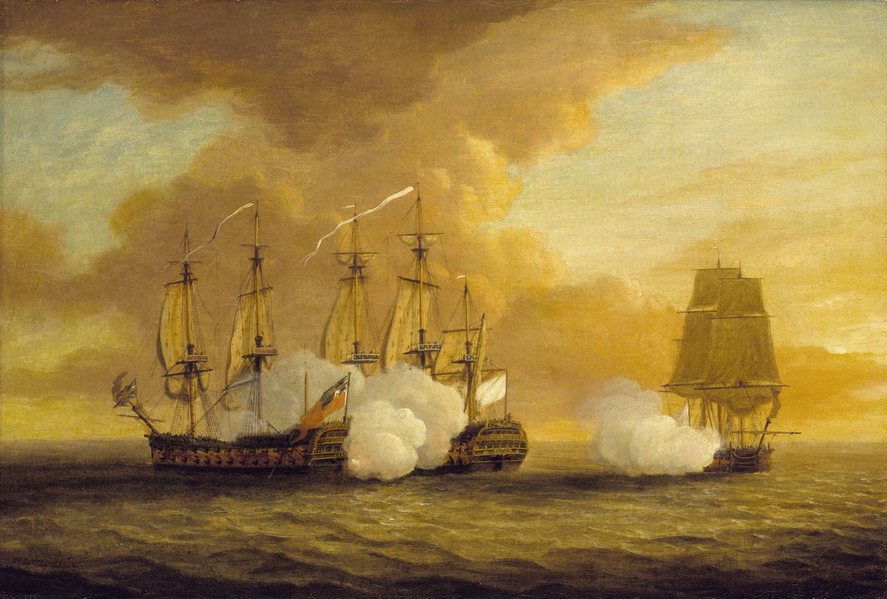 معركة بحرية بين سفينتي HMS الأسد وإليزابيث والسفينة الفرنسية دو تيلاي في 9 يوليو بواسطة دومينيك سيريس