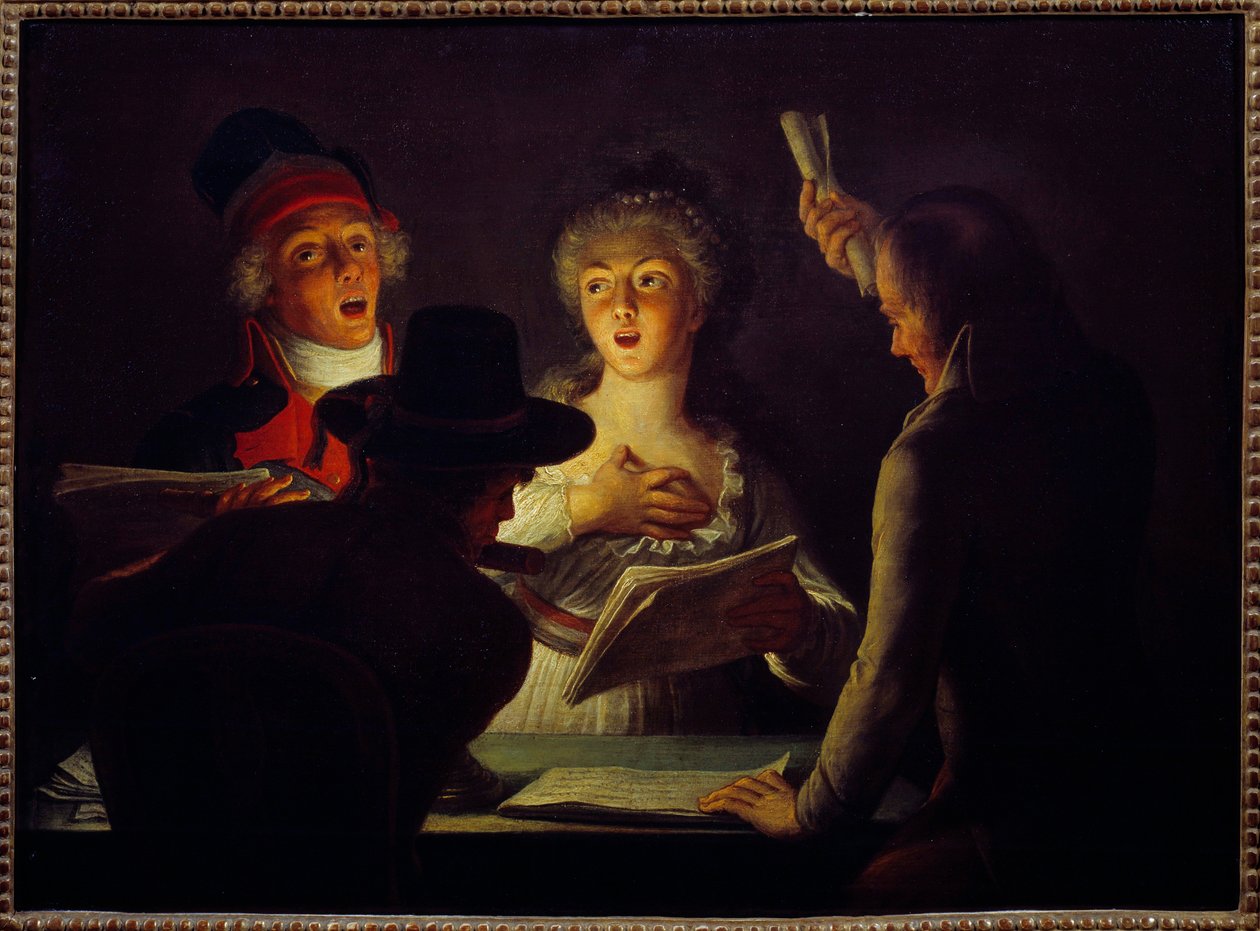 الثورة الفرنسية: "" Les chanteurs patriotes "" لوحة لدومينيك دونكر (1743-1820) 1794 صن. ٠.٤٥ × ٠.٦١ م باريس ، متحف كارنافالي بواسطة دومينيك دونكر