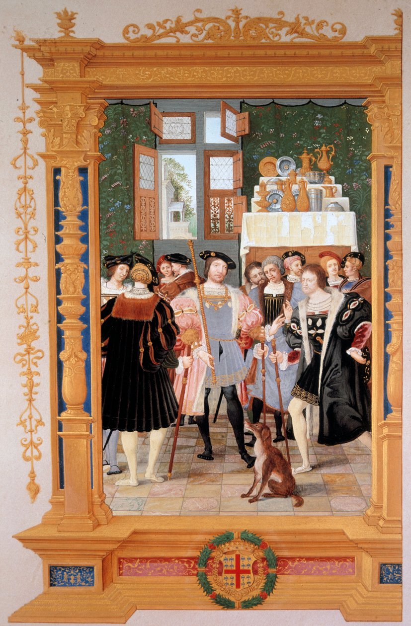 يقدم إتيان لوبلان (1490-1565) إلى آن دي مونتمورنسي (1493-1567) ترجمته لخطاب سيسيرون (1531) - نسخة من واجهة الكتاب المحفوظة في سانت بطرسبرغ (روسيا) ، الغواش لدومينيك هنري جيفارد (1838-1913) ، أواخر القرن التاسع عشر - ج بواسطة دومينيك هنري جيفارد