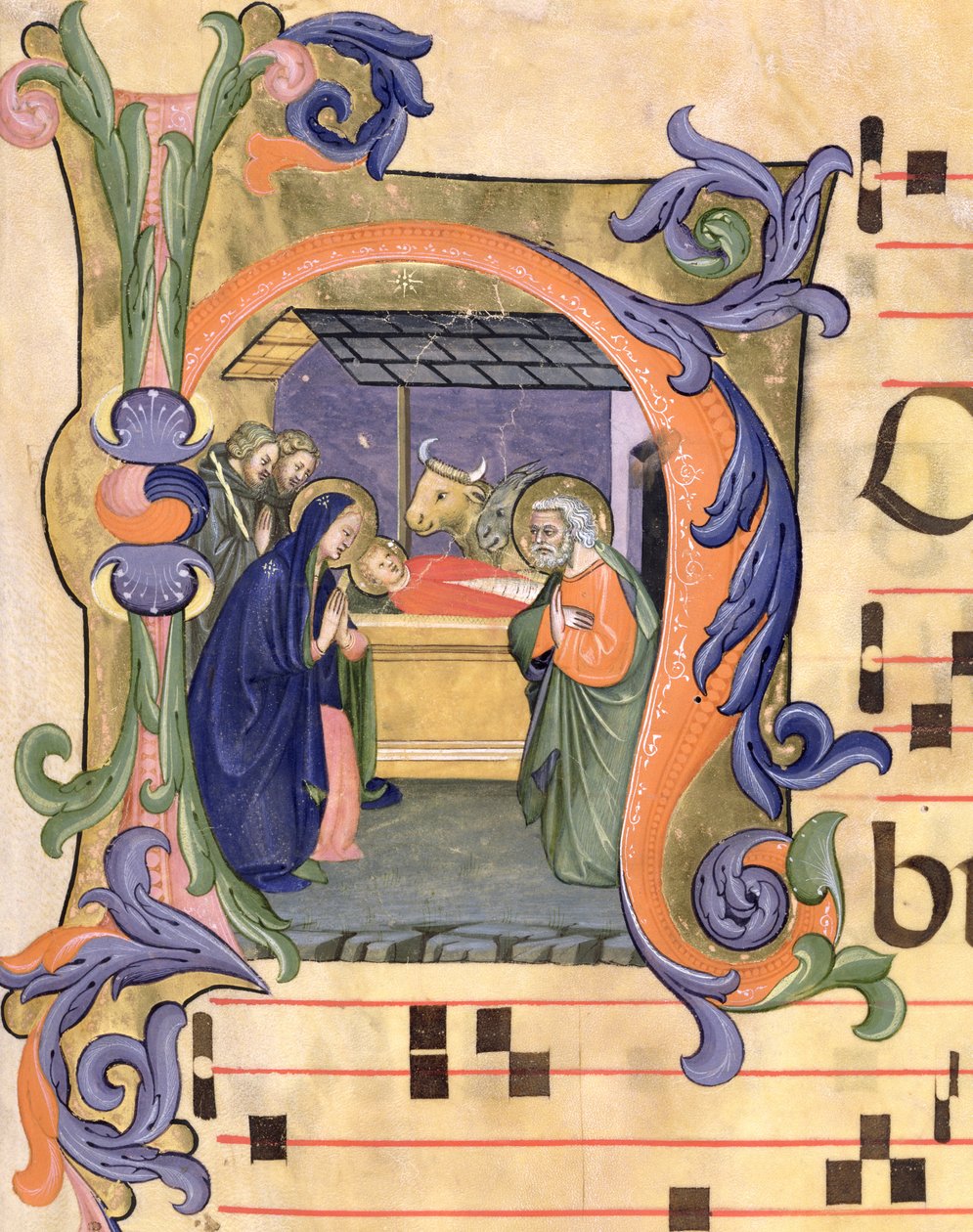 السيدة 571 f.6r أولية تاريخية "H" تصور الميلاد من صنف مضاد يضيءه دون Simone Camaldolese (والمدرسة) (fl.1381-1426) من سانتا ماريا ديل كارمين ، فلورنسا بواسطة دون سيمون Camaldolese