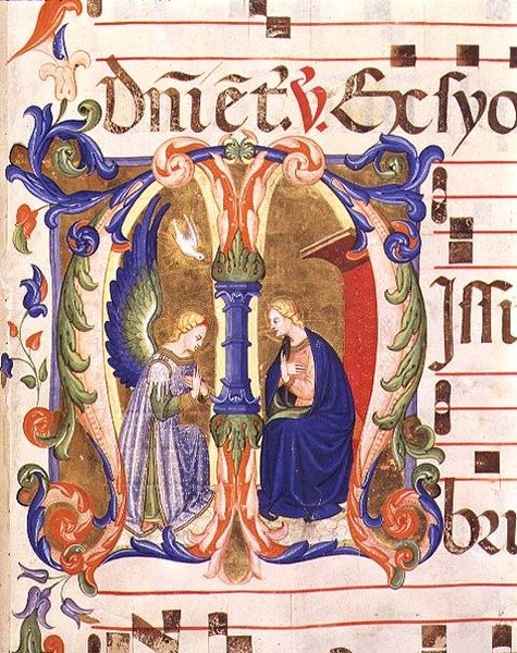 Ms 572 f.147r الحرف الأول التاريخي "M" الذي يصور البشارة من أنتيفون من سانتا ماريا ديل كارمين ، فلورنسا (ورق) بواسطة دون سيمون كامالدوليز والمدرسة