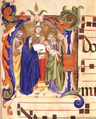 Ms 572 f.88r الحرف الأول التاريخي "N" الذي يصور العرض التقديمي في المعبد من Antiphon من سانتا ماريا ديل كارمين ، فلورنسا (ورق) بواسطة دون سيمون كامالدوليز والمدرسة
