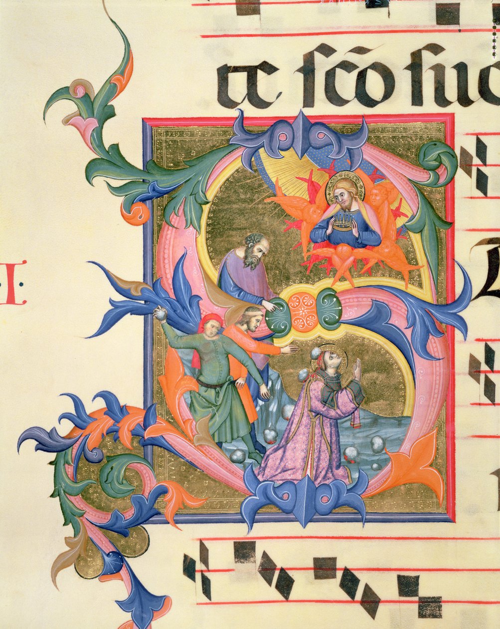 السيدة 572 f.32v بالحرف "S" الأولي التاريخي الذي يصور رجم القديس ستيفن بواسطة دون سيمون Camaldolese