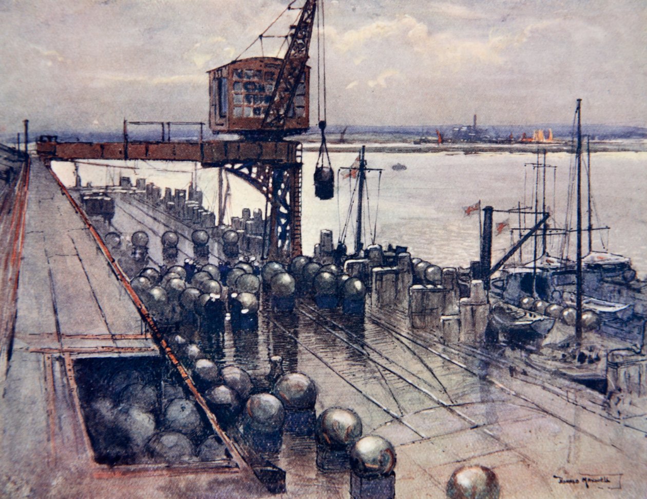 حقل ألغام أولي ، رسم توضيحي من "الجبهة البحرية" بقلم جوردون س. ماكسويل ، 1920 بواسطة دونالد ماكسويل