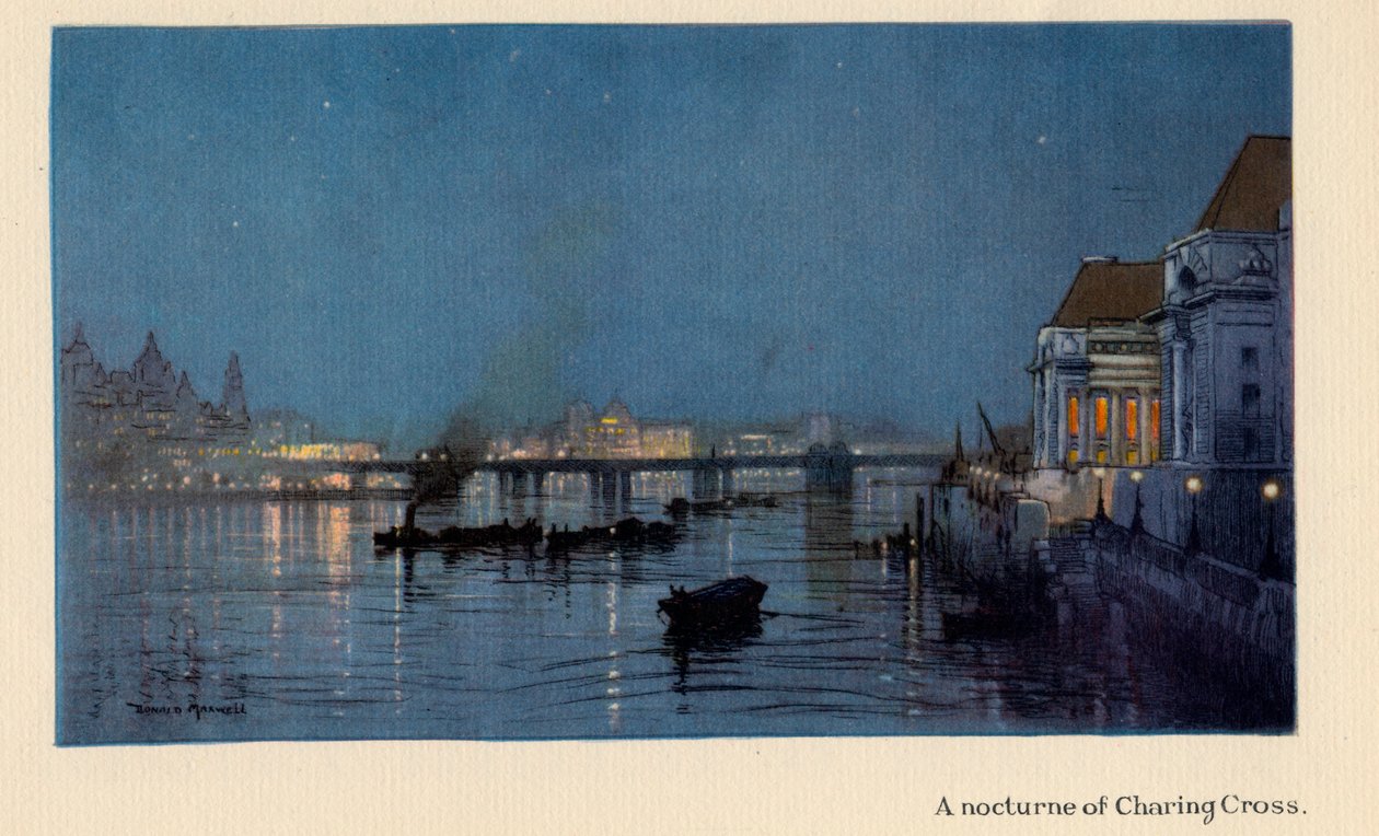 Nocturne of Charing Cross ، من The New Lights o 'London' ، نُشر عام 1926 (لون ليثو) بواسطة دونالد ماكسويل