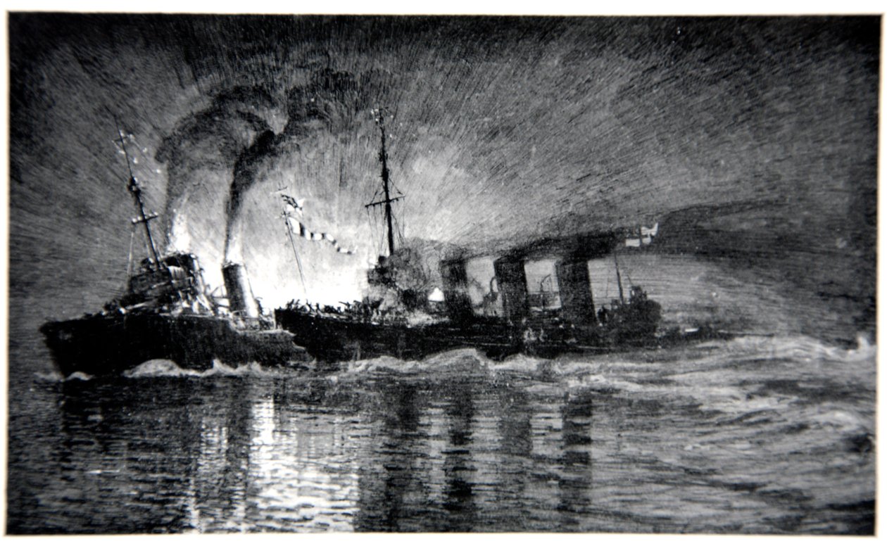 HMS Broke صدمت المدمرة الألمانية ، رسم توضيحي من "الجبهة البحرية" لجوردون س. ماكسويل ، 1920 بواسطة دونالد ماكسويل