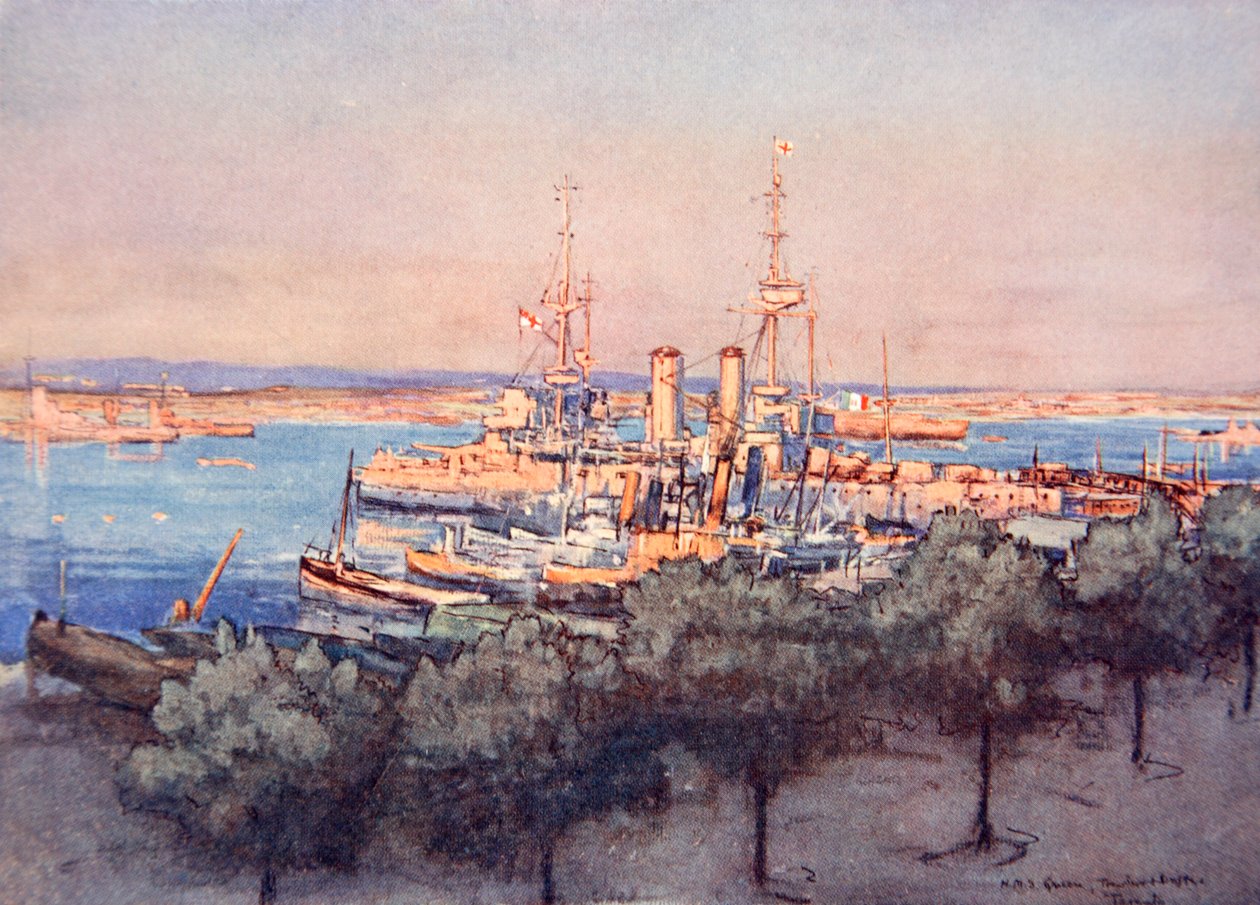 سفينة HMS Queen ، سفن الصيد و Drifters ، تارانتو ، رسم توضيحي من "الجبهة البحرية" لجوردون س. ماكسويل ، 1920 بواسطة دونالد ماكسويل