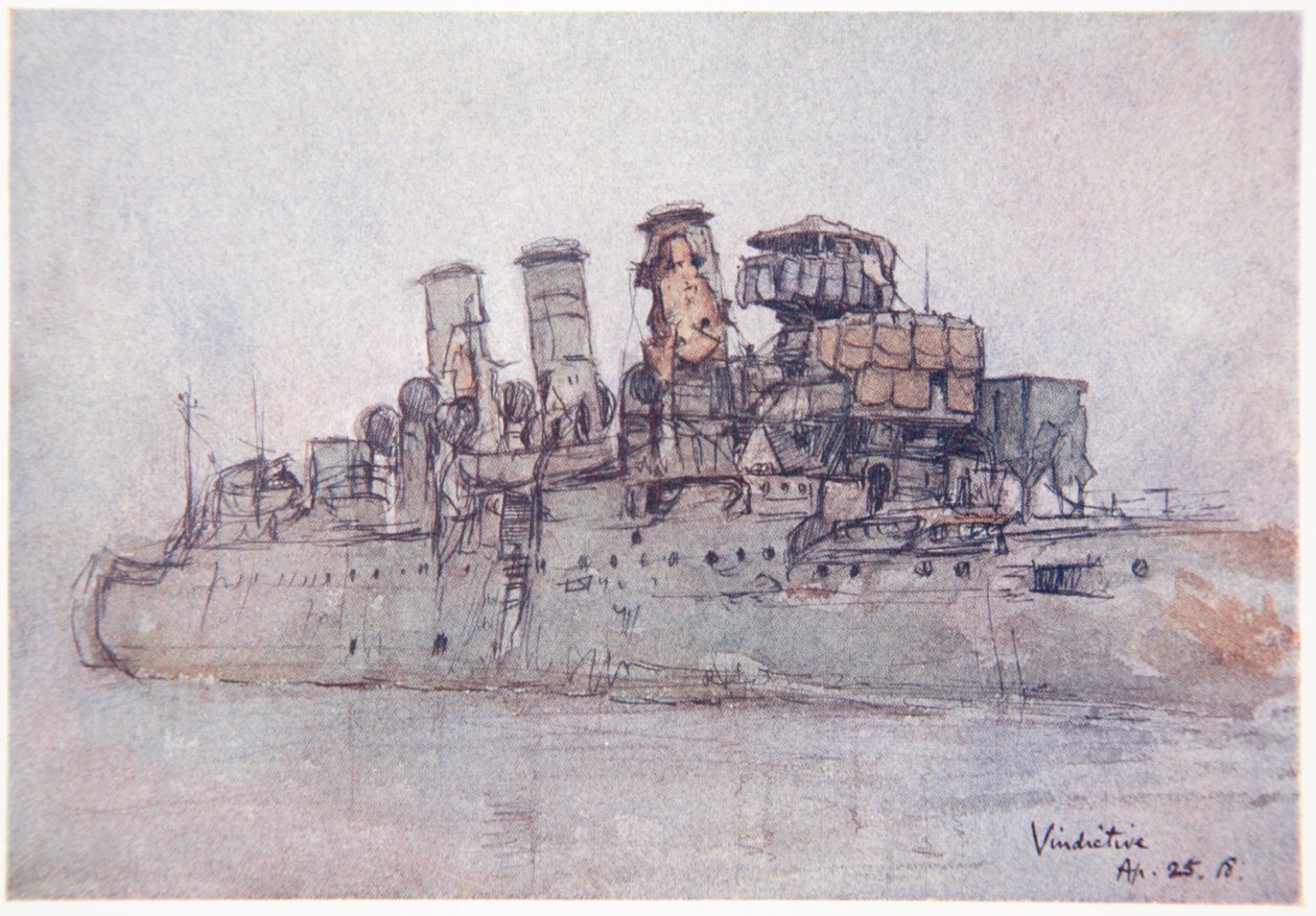 HMS Vindictive ، 25 أبريل 1918 ، رسم توضيحي من "الجبهة البحرية" لجوردون س. ماكسويل ، 1920 بواسطة دونالد ماكسويل
